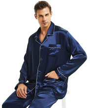 Load image into Gallery viewer, LONXU Mens Silk Satin Pajama Sets, Long Sleeve Button Down PJ Set with Pocket Sleepwear Loungewear S-XXXXLL