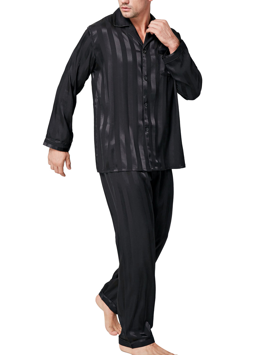 LONXU Mens Silk Satin Pajama Sets, Long Sleeve Button Down PJ Set with Pocket Sleepwear Loungewear S-XXXXL