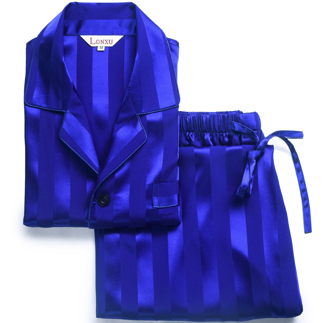 Lonxu Pajamas Set Mens Silk Satin Pajamas Long Sleeve Loungewear Two-Piece Sleepwear Button-Down Pj Set S-XXXXL