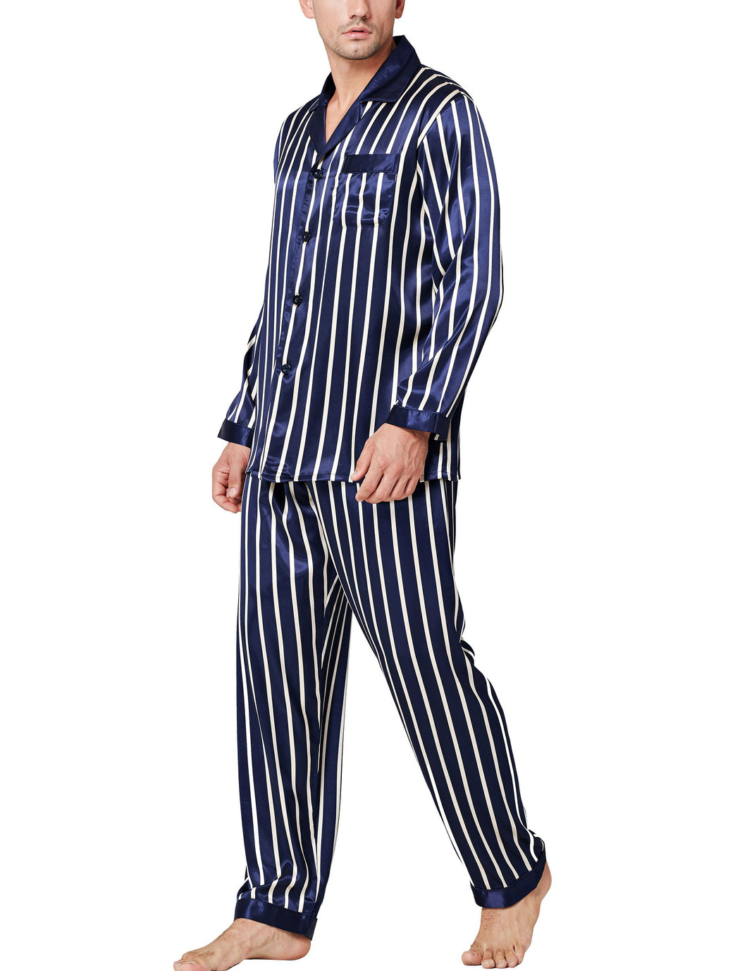 Lonxu Pajamas Set Mens Silk Satin Pajamas Long Sleeve Loungewear Two-Piece Sleepwear Button-Down Pj Set S-XXXXL
